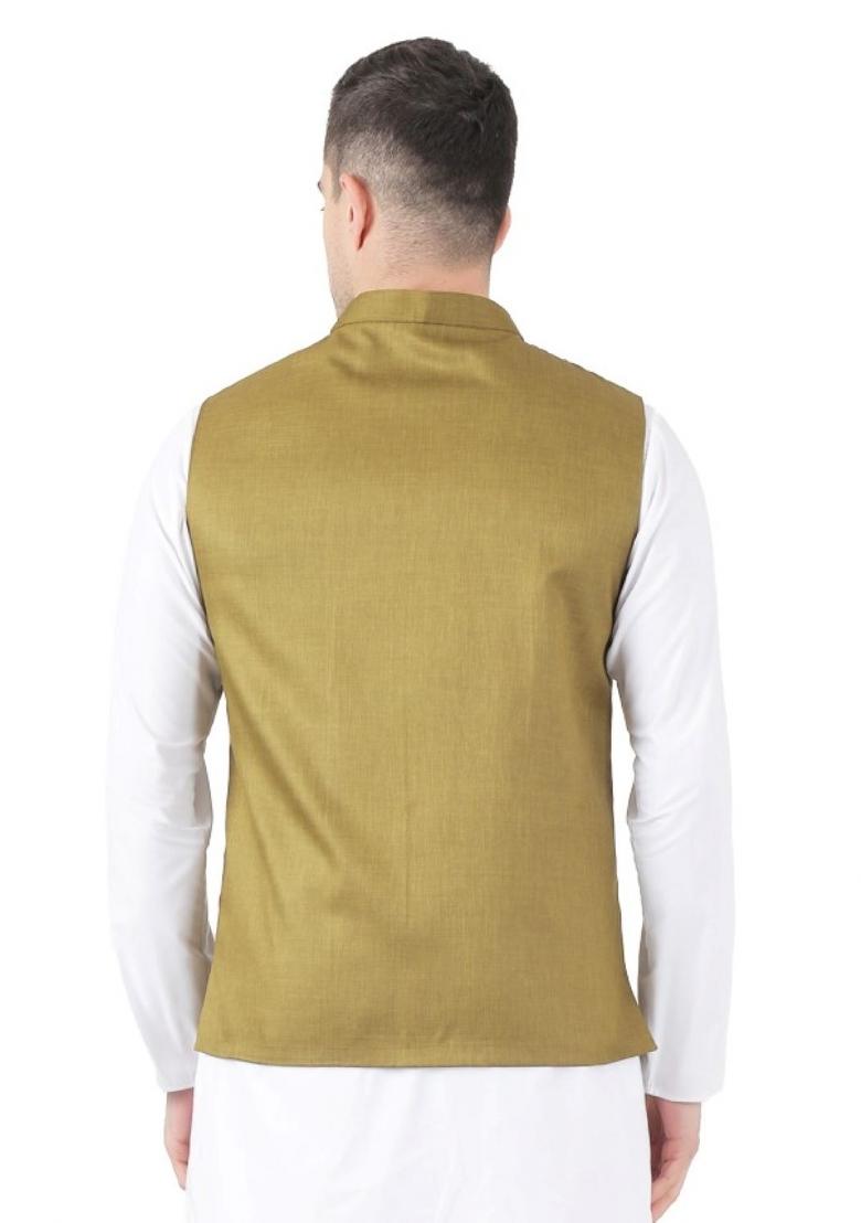 Green Solid Poly Viscose Nehru Jacket Set For Men