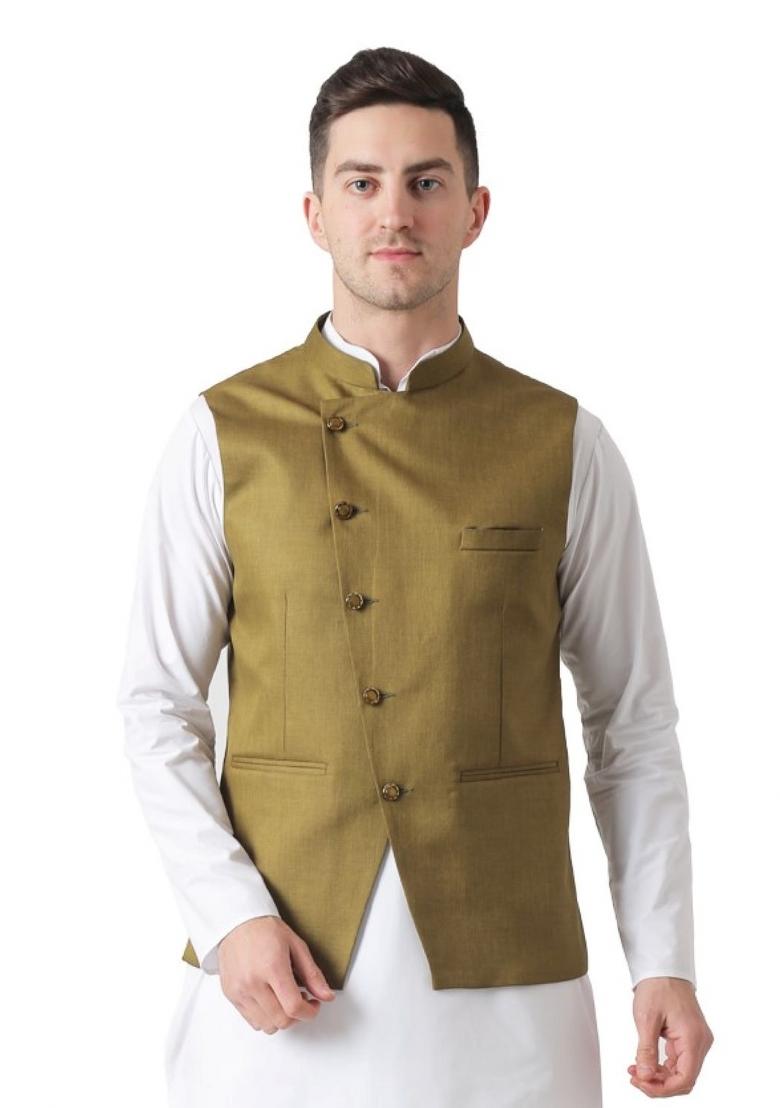 Green Solid Poly Viscose Nehru Jacket Set For Men