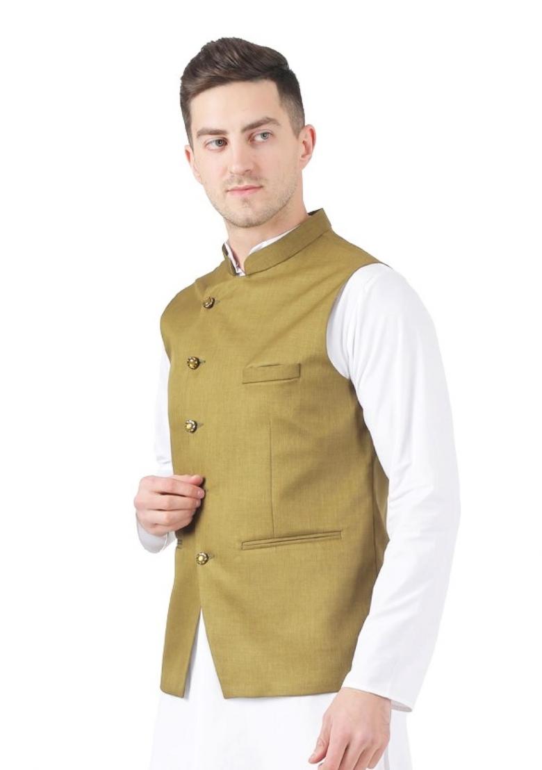 Green Solid Poly Viscose Nehru Jacket Set For Men
