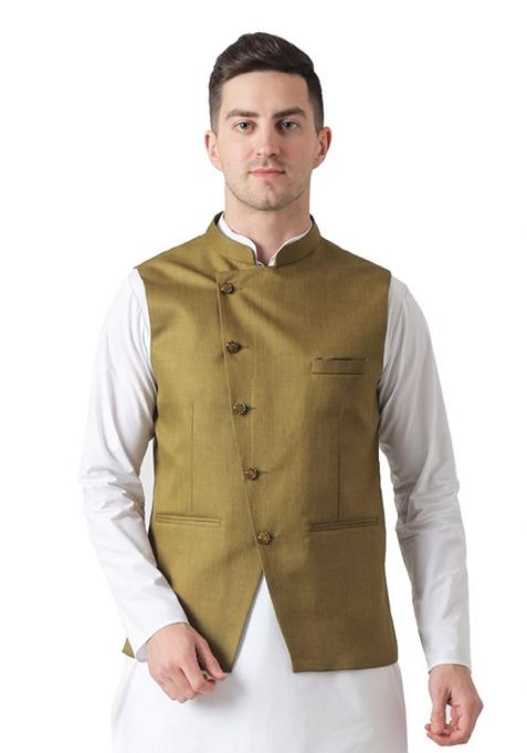 Green Solid Poly Viscose Nehru Jacket Set For Men