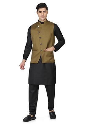 Green Solid Poly Viscose Nehru Jacket Set For Men
