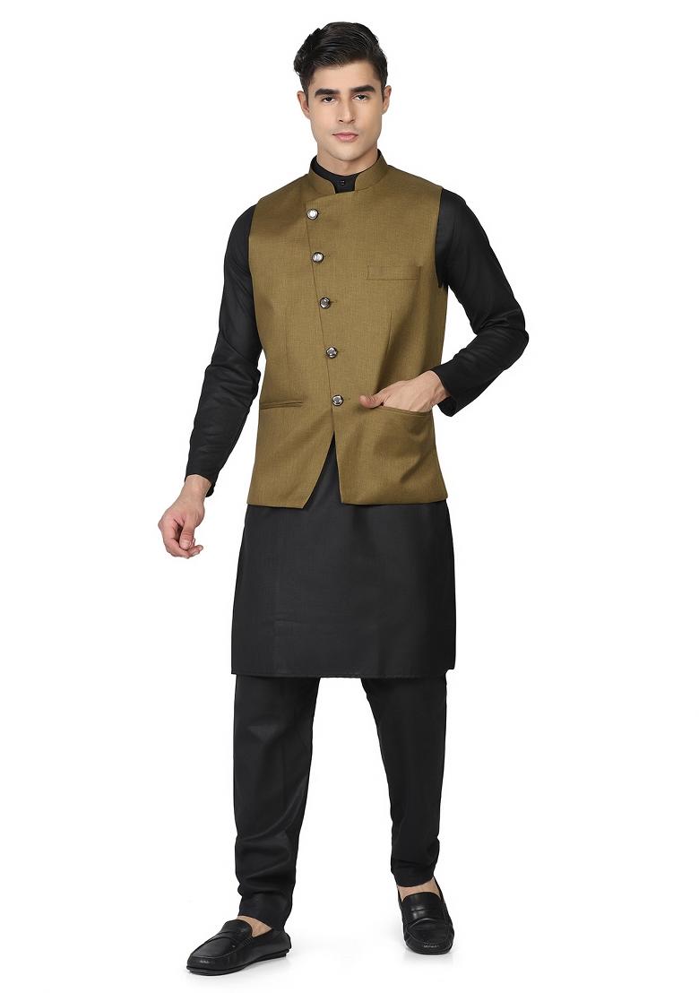 Green Solid Poly Viscose Nehru Jacket Set For Men