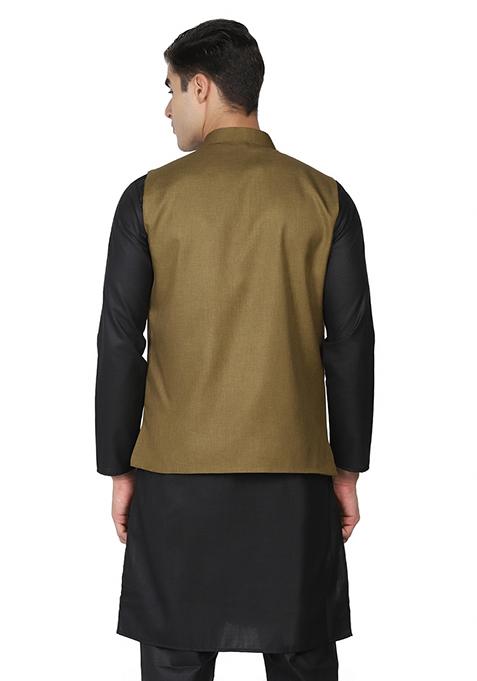 Green Solid Poly Viscose Nehru Jacket Set For Men