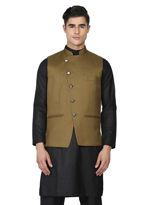 Green Solid Poly Viscose Nehru Jacket Set For Men