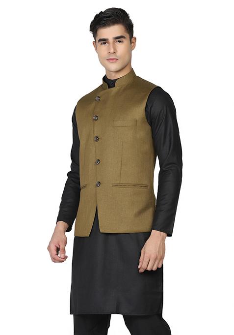 Green Solid Poly Viscose Nehru Jacket Set For Men