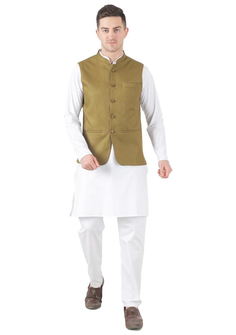 Mehendi Green Solid Poly Viscose Nehru Jacket Set For Men