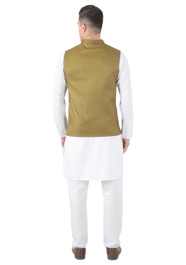 Mehendi Green Solid Poly Viscose Nehru Jacket Set For Men