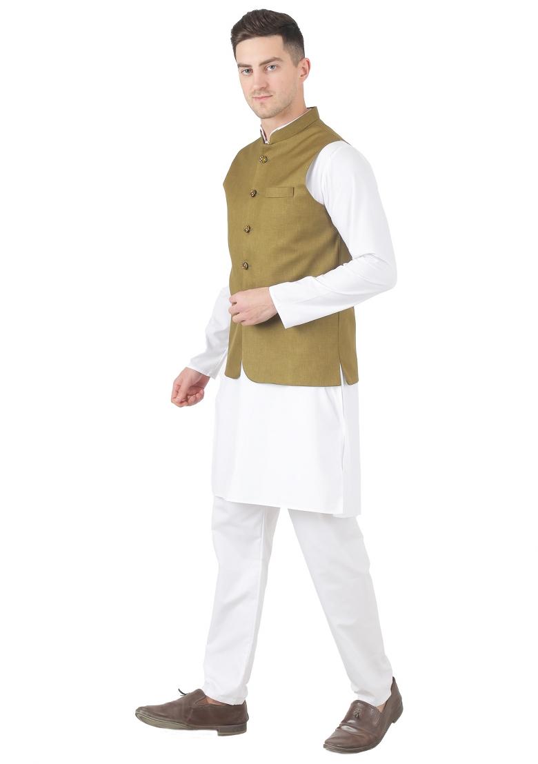 Mehendi Green Solid Poly Viscose Nehru Jacket Set For Men