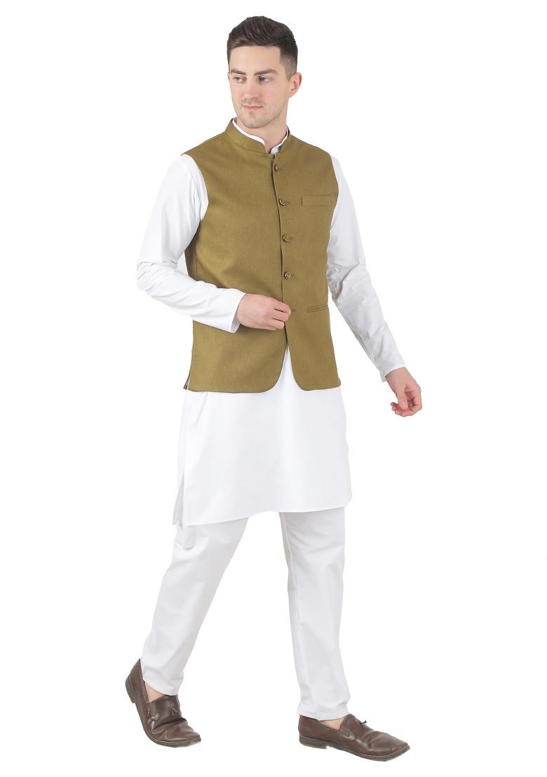 Mehendi Green Solid Poly Viscose Nehru Jacket Set For Men