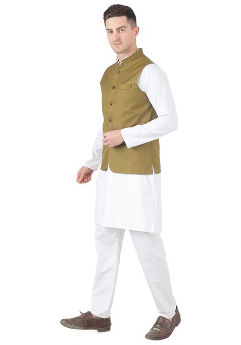 Mehendi Green Solid Poly Viscose Nehru Jacket Set For Men