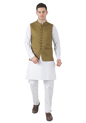 Green Solid Poly Viscose Nehru Jacket Set For Men