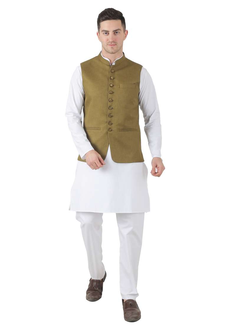 Green Solid Poly Viscose Nehru Jacket Set For Men - Indya