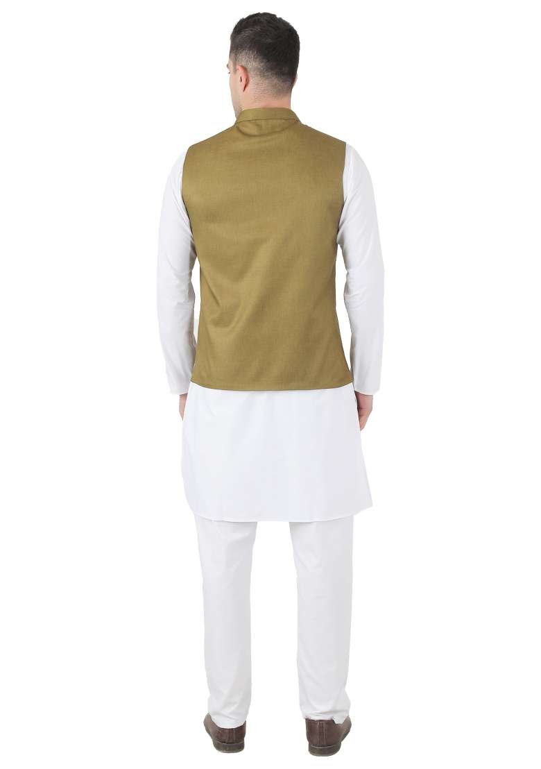Green Solid Poly Viscose Nehru Jacket Set For Men - Indya