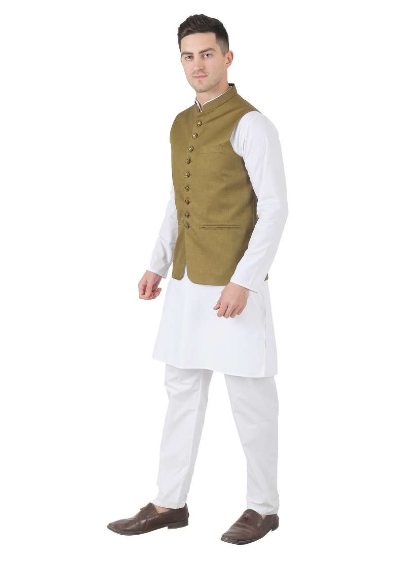 Green Solid Poly Viscose Nehru Jacket Set For Men - Indya