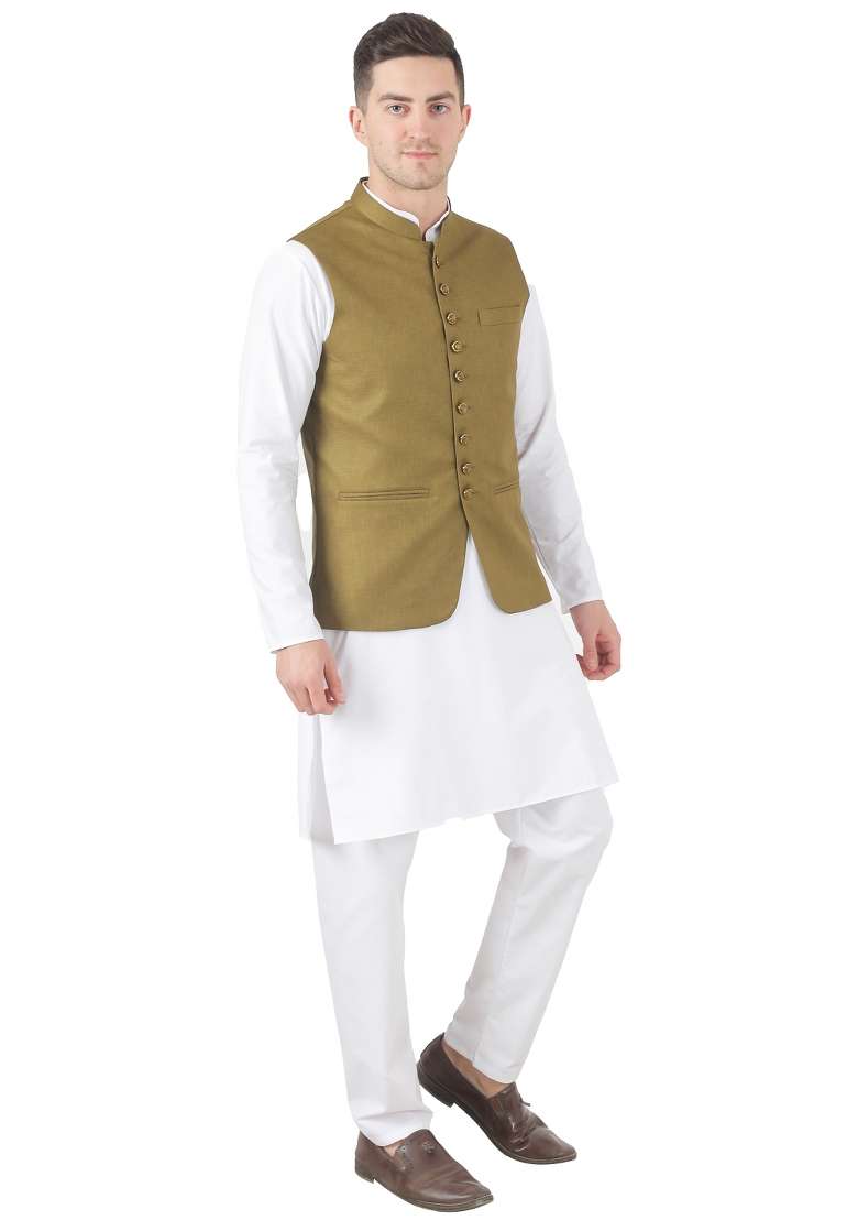Green Solid Poly Viscose Nehru Jacket Set For Men - Indya