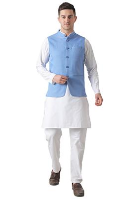 Blue  Solid Poly Viscose Nehru Jacket Set For Men