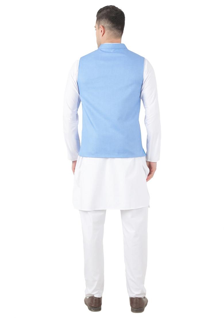 Blue Solid Poly Viscose Nehru Jacket Set For Men