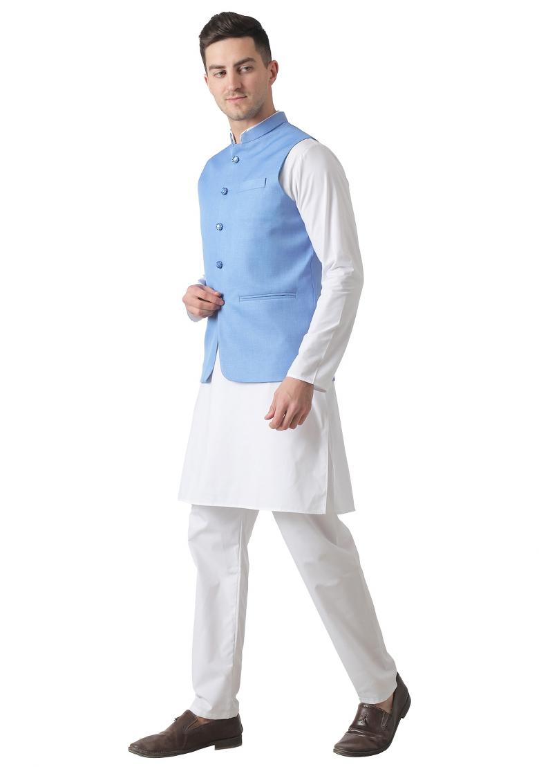 Blue Solid Poly Viscose Nehru Jacket Set For Men