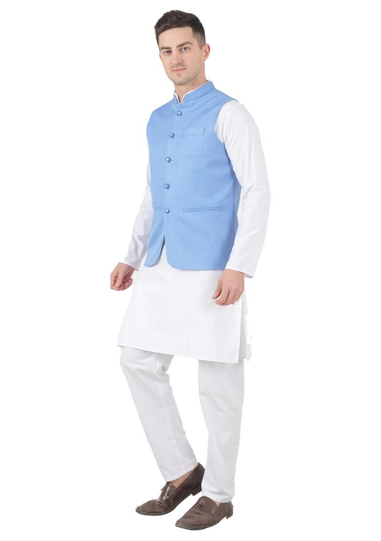 Blue Solid Poly Viscose Nehru Jacket Set For Men