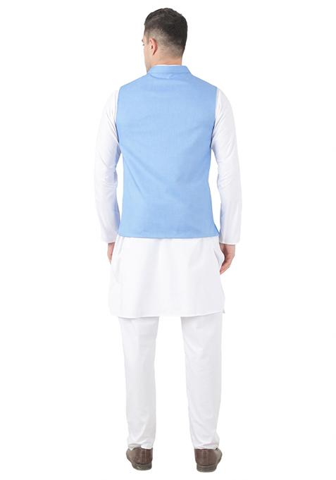 Blue Solid Poly Viscose Nehru Jacket Set For Men