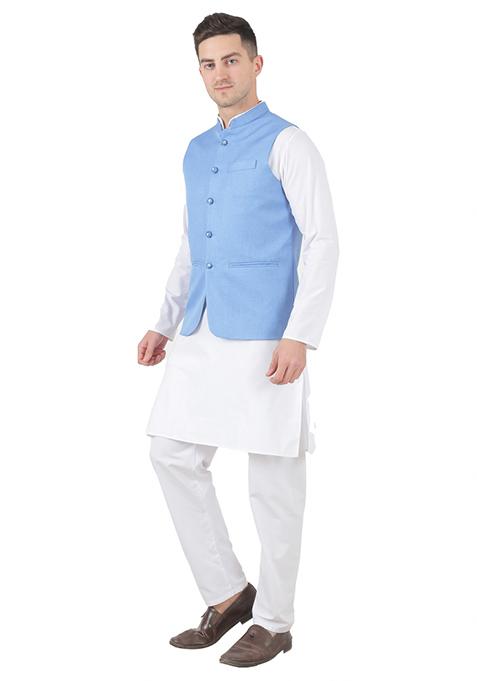 Blue Solid Poly Viscose Nehru Jacket Set For Men