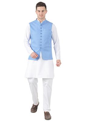 Sky Blue Solid Poly Viscose Nehru Jacket Set For Men