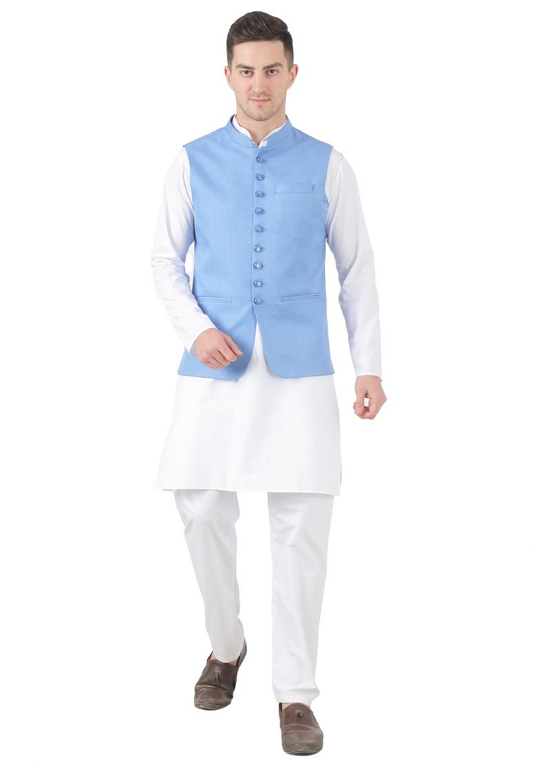 Sky Blue Solid Poly Viscose Nehru Jacket Set For Men
