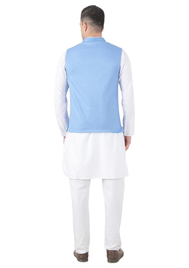 Sky Blue Solid Poly Viscose Nehru Jacket Set For Men