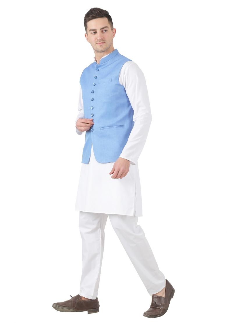 Sky Blue Solid Poly Viscose Nehru Jacket Set For Men