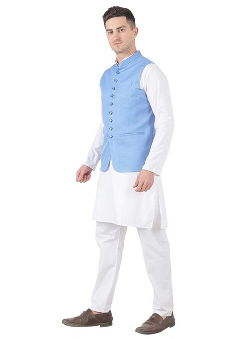 Sky Blue Solid Poly Viscose Nehru Jacket Set For Men