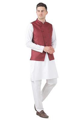 Maroon Solid Poly Viscose Nehru Jacket Set For Men