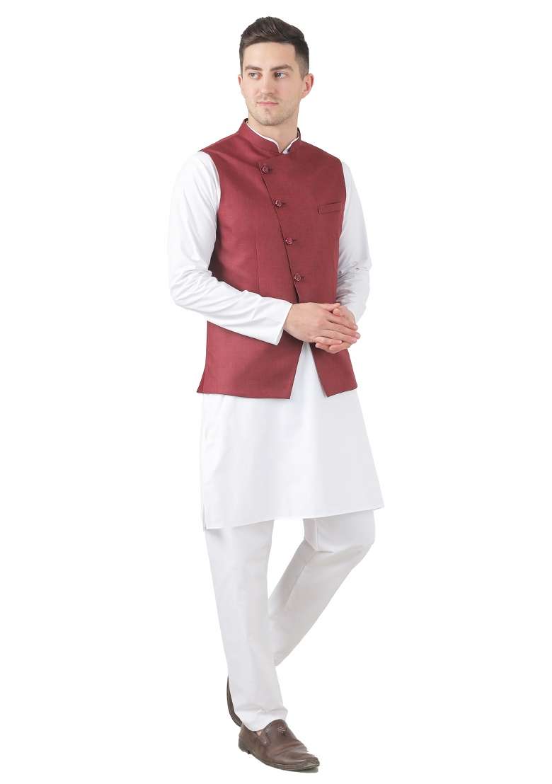 Maroon Solid Poly Viscose Nehru Jacket Set For Men - Indya