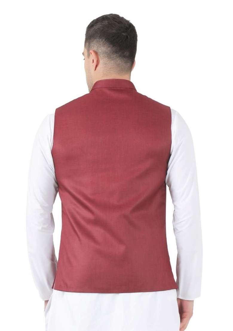 Maroon Solid Poly Viscose Nehru Jacket Set For Men - Indya