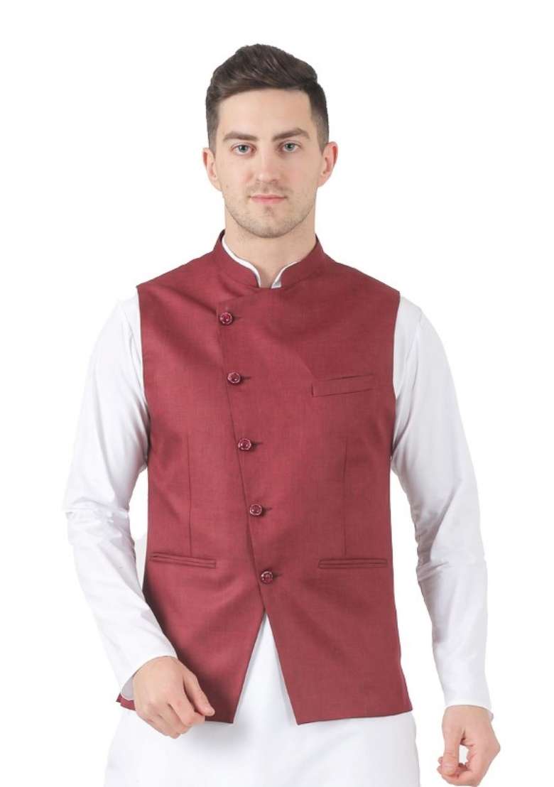 Maroon Solid Poly Viscose Nehru Jacket Set For Men - Indya