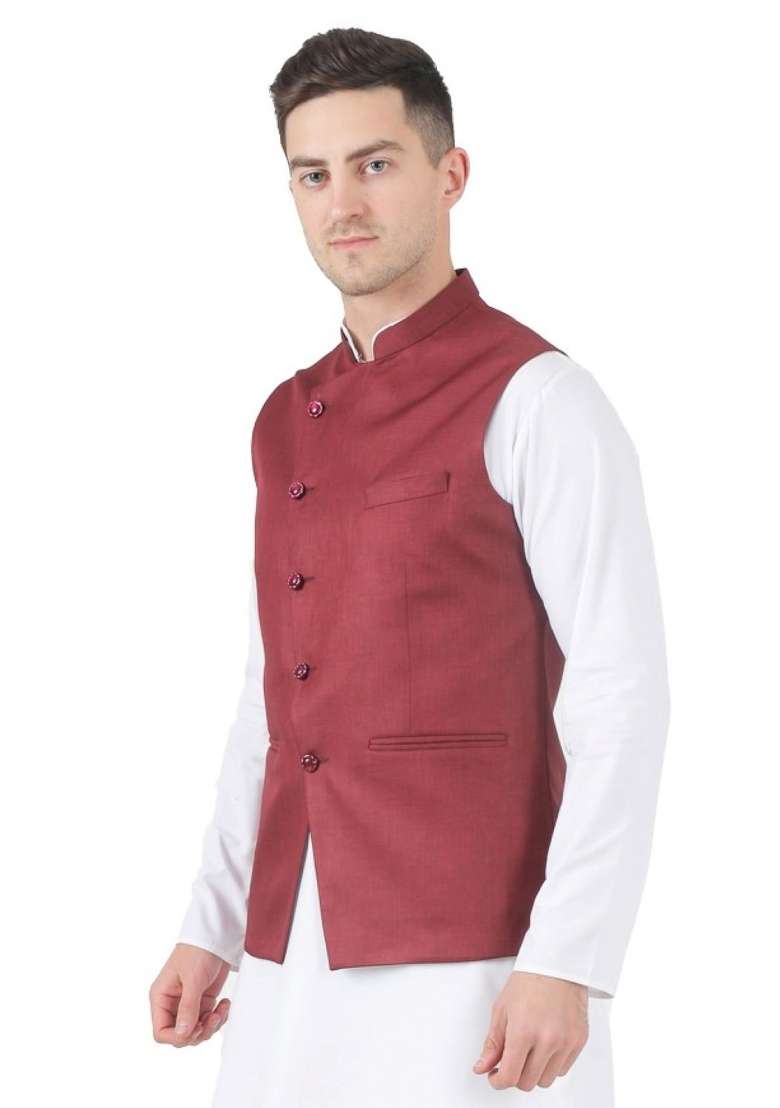 Maroon Solid Poly Viscose Nehru Jacket Set For Men - Indya