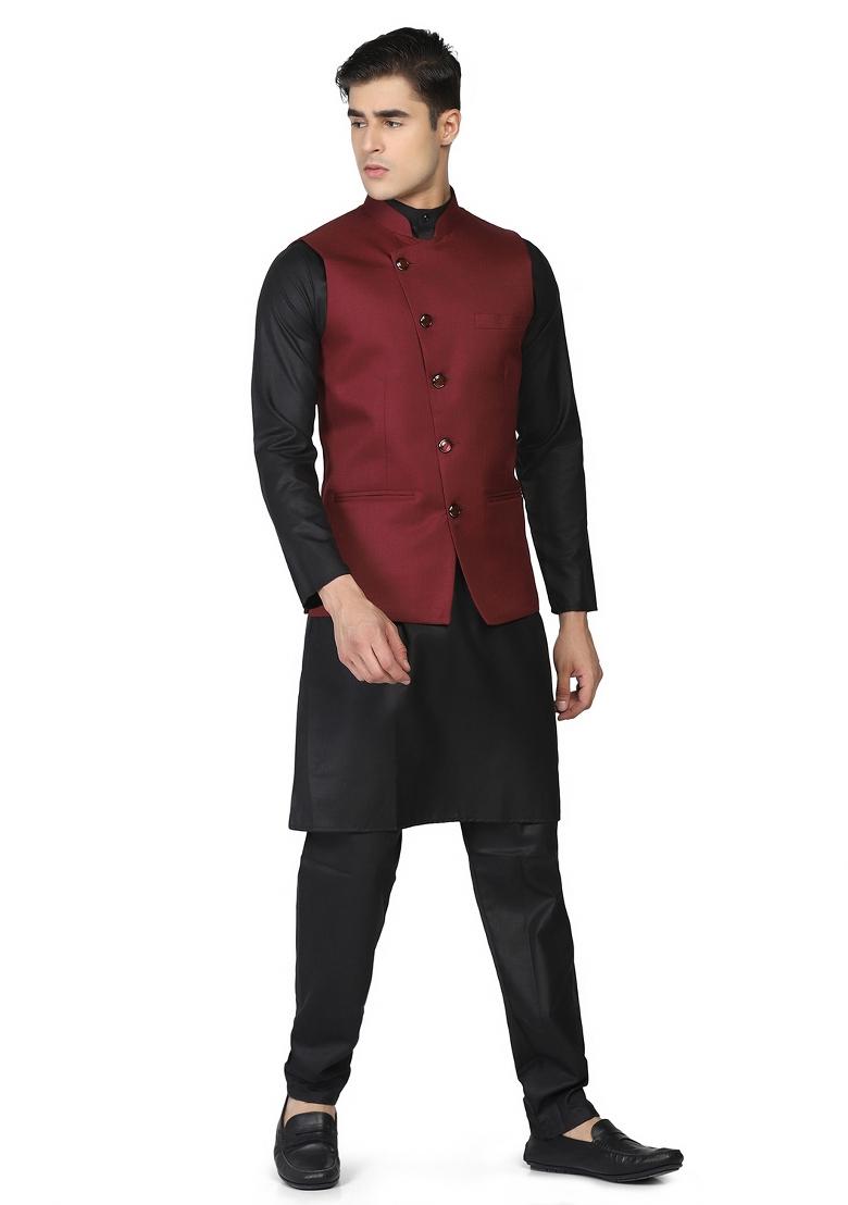 Maroon Solid Poly Viscose Nehru Jacket Set For Men