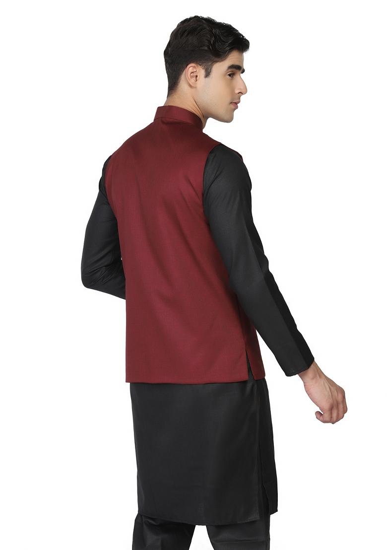 Maroon Solid Poly Viscose Nehru Jacket Set For Men