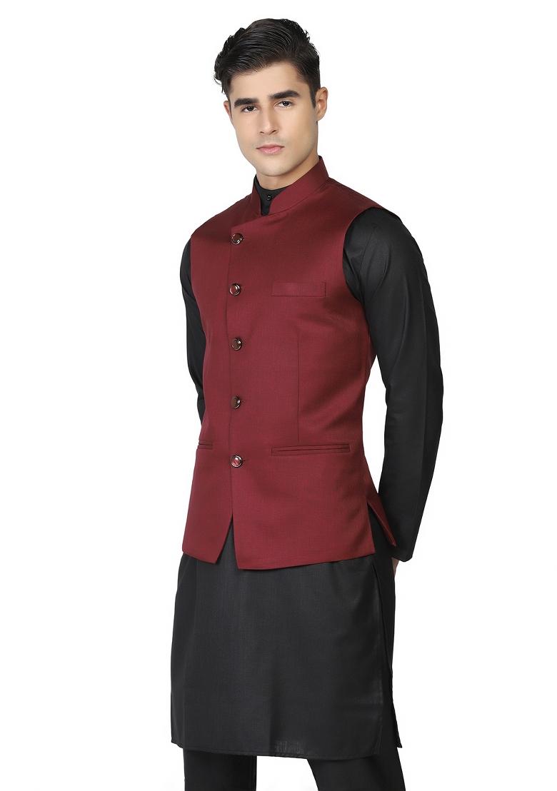 Maroon Solid Poly Viscose Nehru Jacket Set For Men - Indya