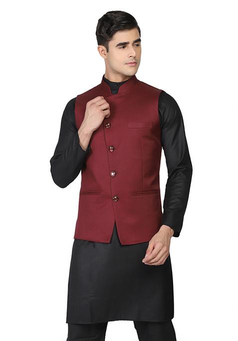 Maroon Solid Poly Viscose Nehru Jacket Set For Men