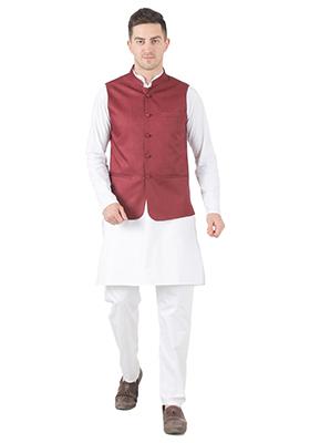 Maroon Solid Poly Viscose Nehru Jacket Set For Men