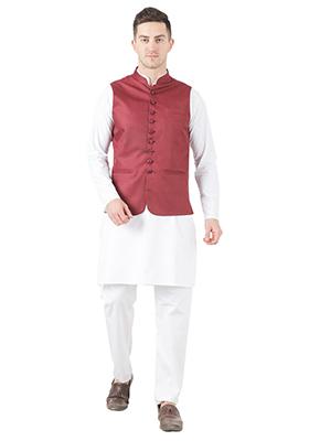Maroon Solid Poly Viscose Nehru Jacket Set For Men