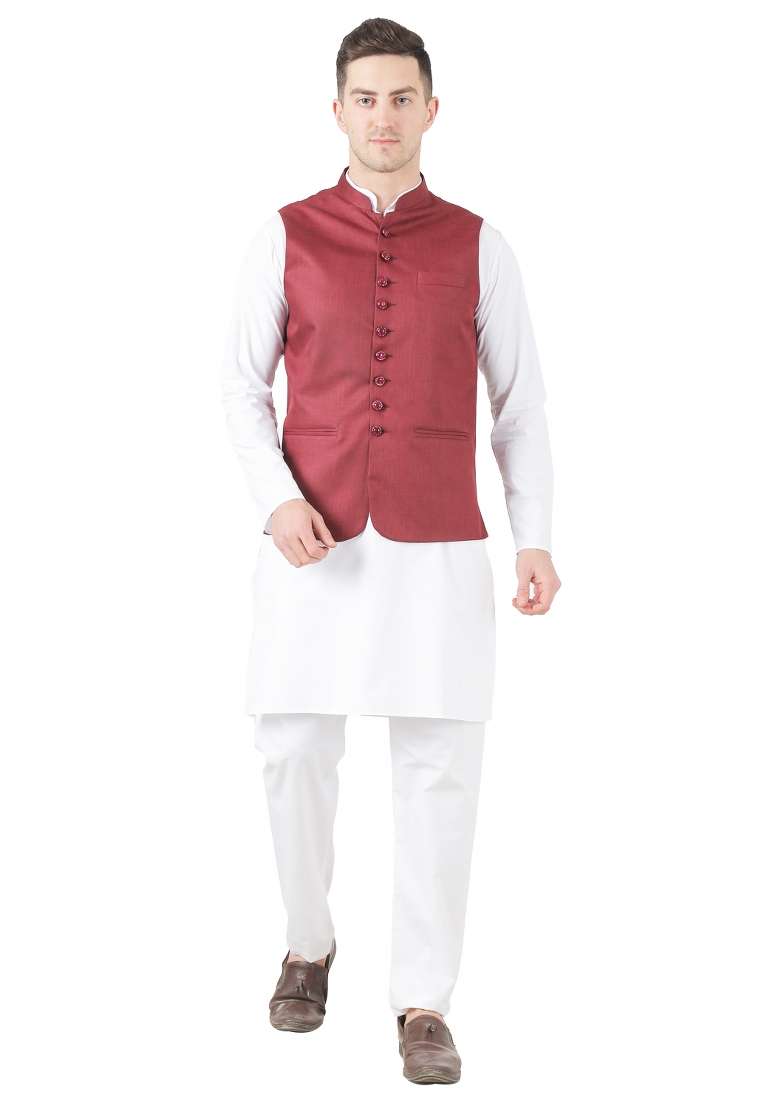 Maroon Solid Poly Viscose Nehru Jacket Set For Men - Indya