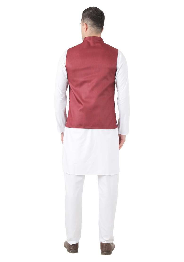 Maroon Solid Poly Viscose Nehru Jacket Set For Men - Indya