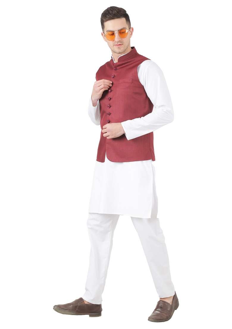 Maroon Solid Poly Viscose Nehru Jacket Set For Men - Indya
