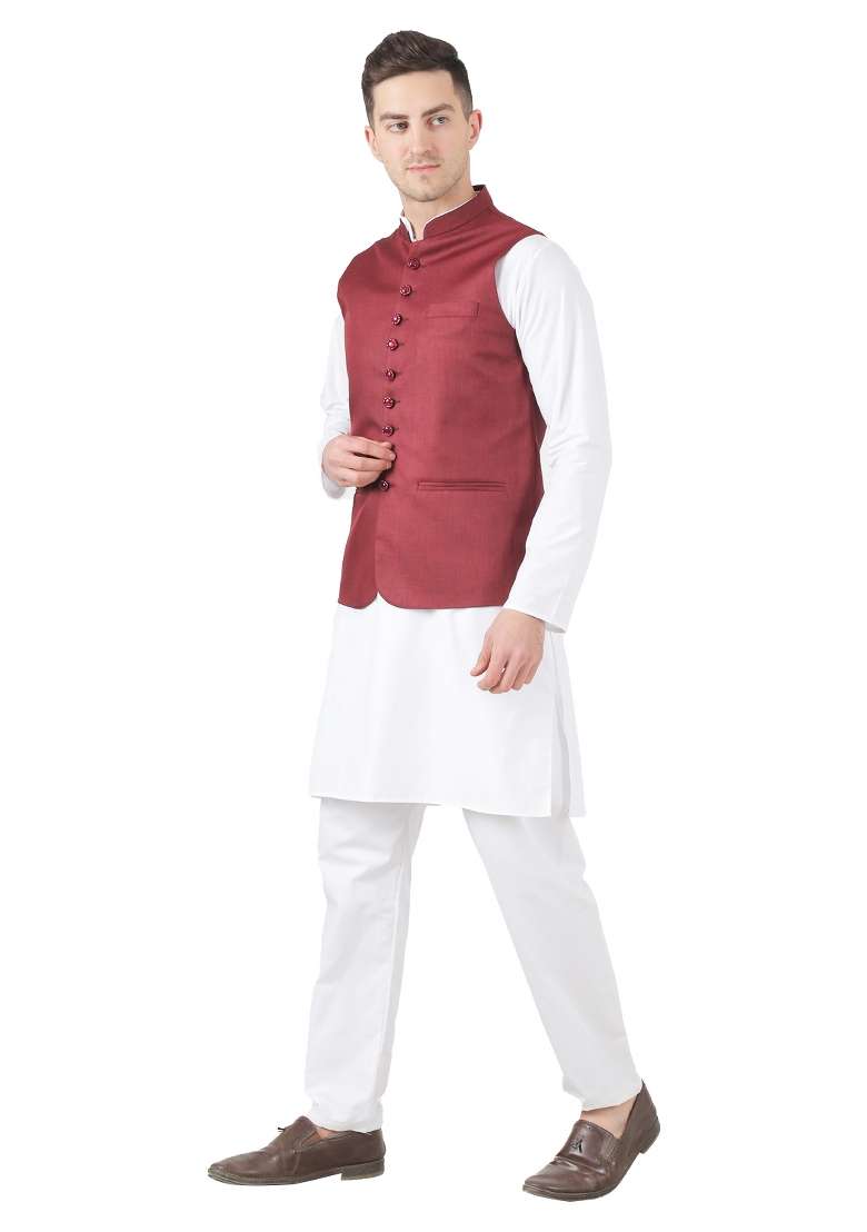 Maroon Solid Poly Viscose Nehru Jacket Set For Men - Indya