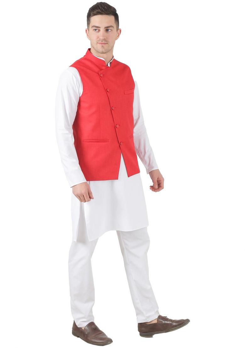 Red Solid Poly Viscose Nehru Jacket Set For Men