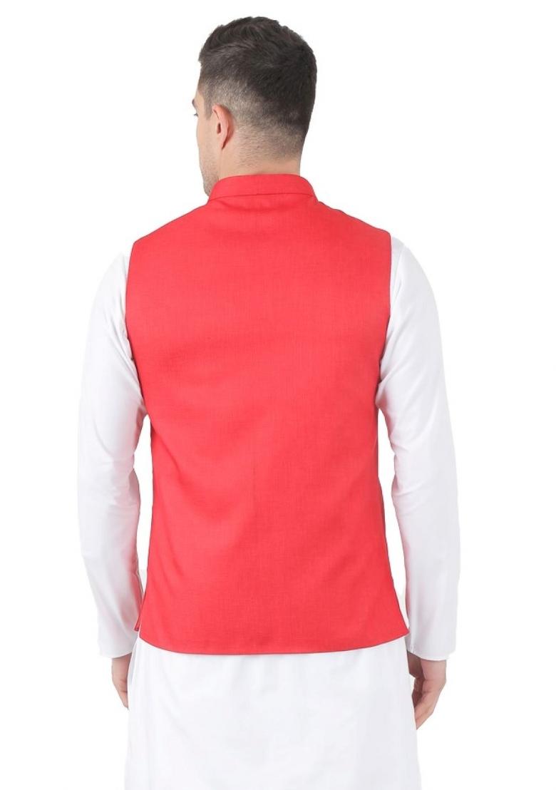 Red Solid Poly Viscose Nehru Jacket Set For Men