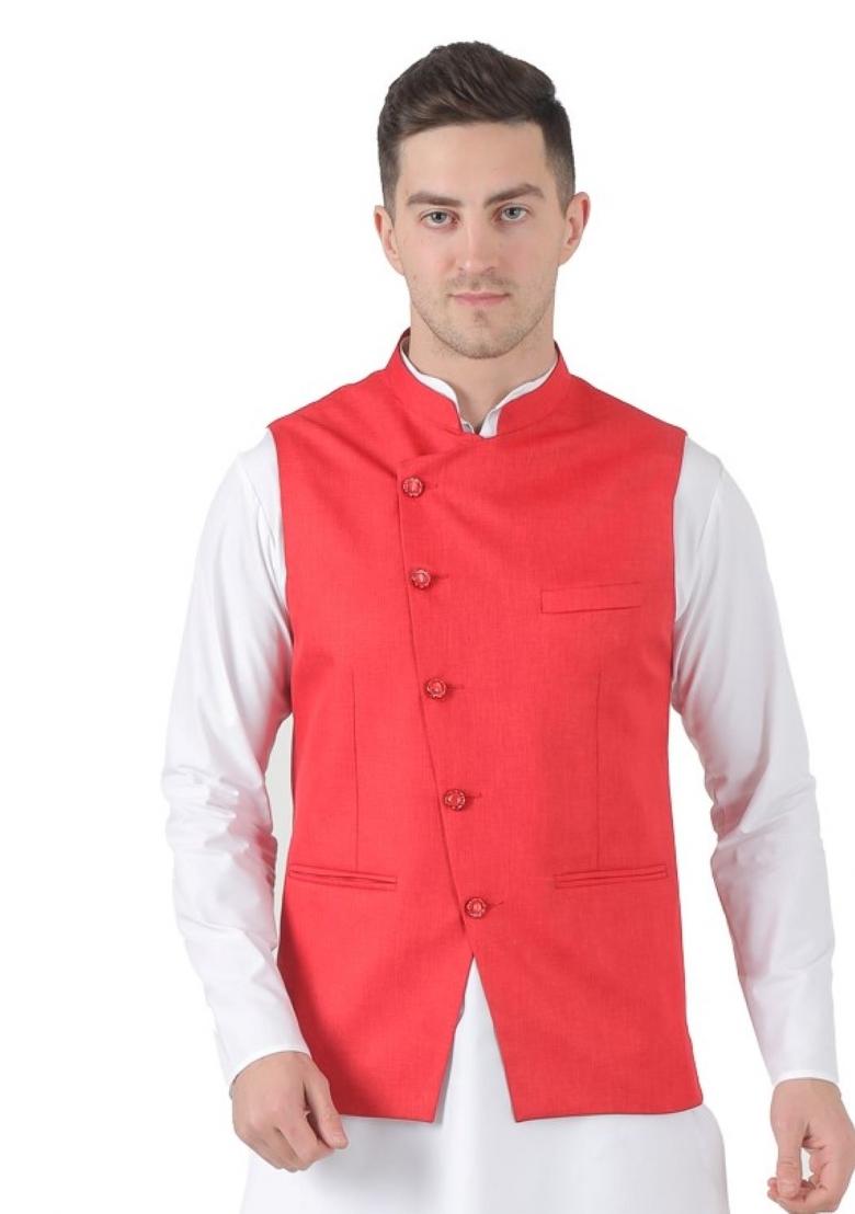 Red Solid Poly Viscose Nehru Jacket Set For Men