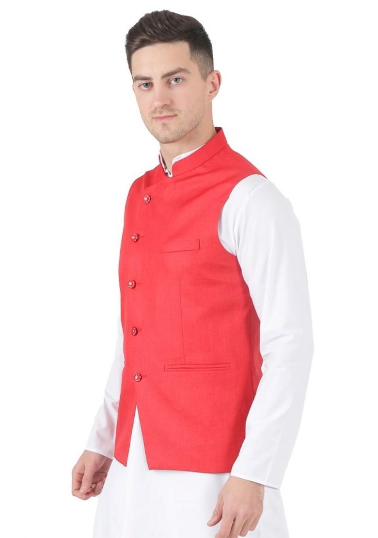 Red Solid Poly Viscose Nehru Jacket Set For Men