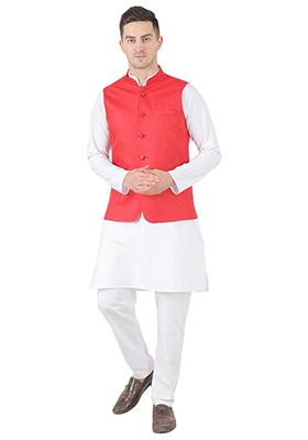Red Solid Poly Viscose Nehru Jacket Set For Men